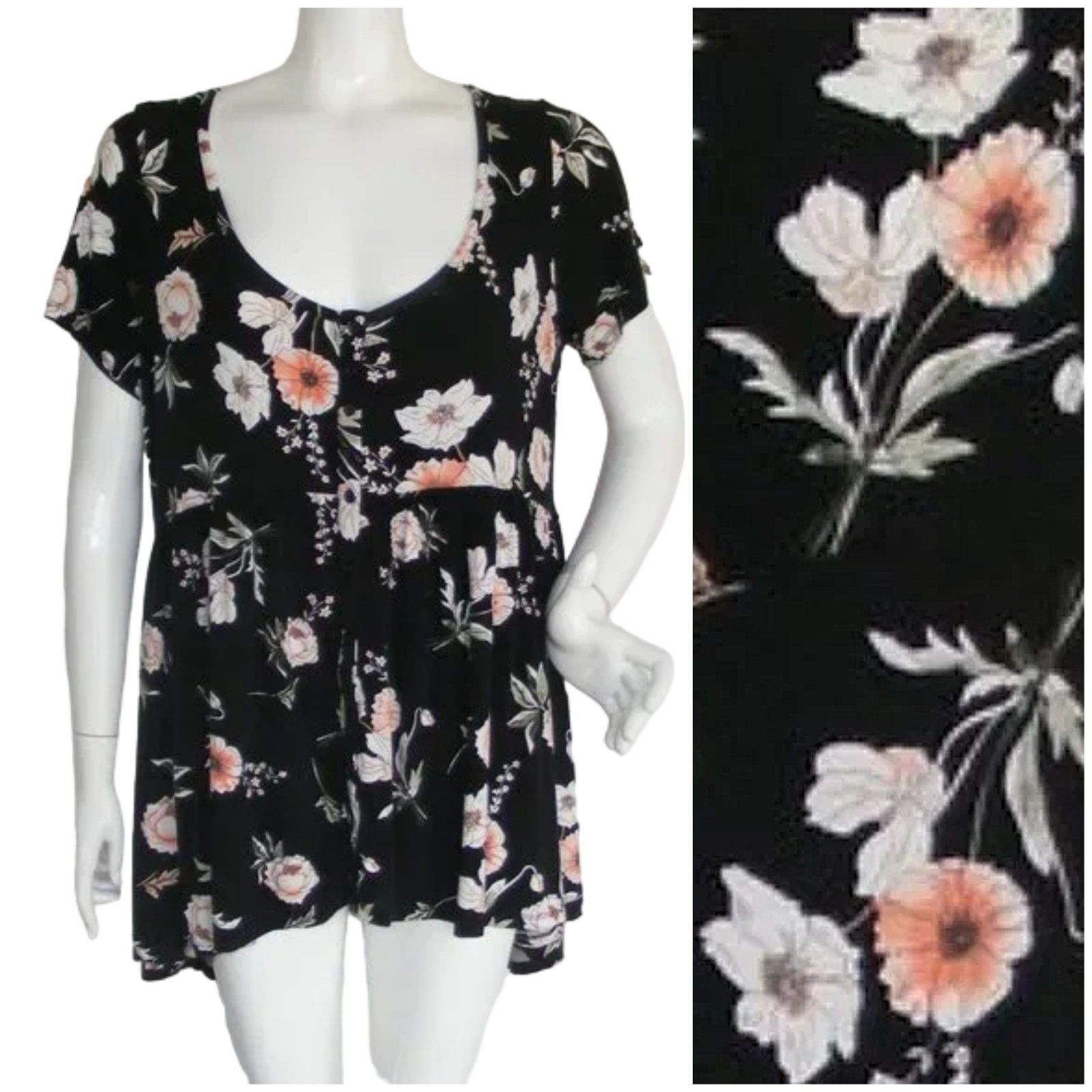 Torrid Top/Tunic, 1/1x, Black, Floral, Scoop Neck, Short Sleeves, Rayon